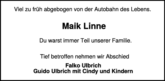 Traueranzeige von Maik Linne von WochenKurier
