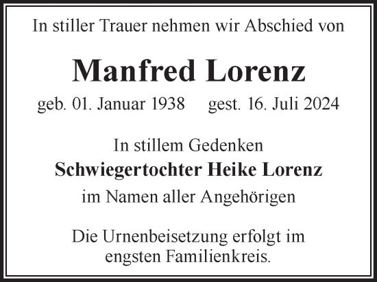 Traueranzeige von Manfred Lorenz von WochenKurier