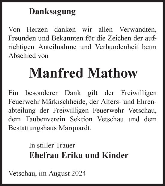 Traueranzeige von Manfred Mathow von WochenKurier