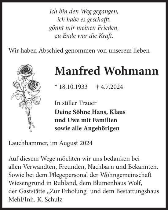 Traueranzeige von Manfred Wohmann von WochenKurier