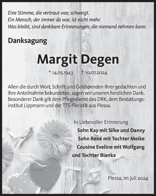 Traueranzeige von Margit Degen von WochenKurier