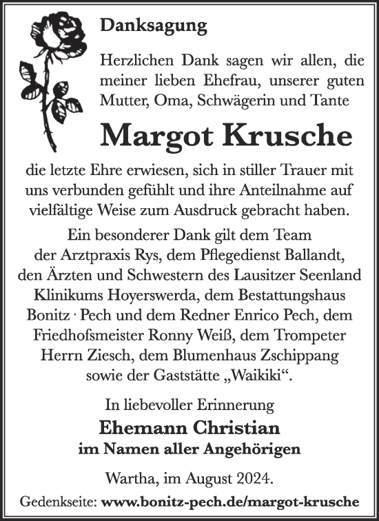 Traueranzeige von Margot Krusche von WochenKurier