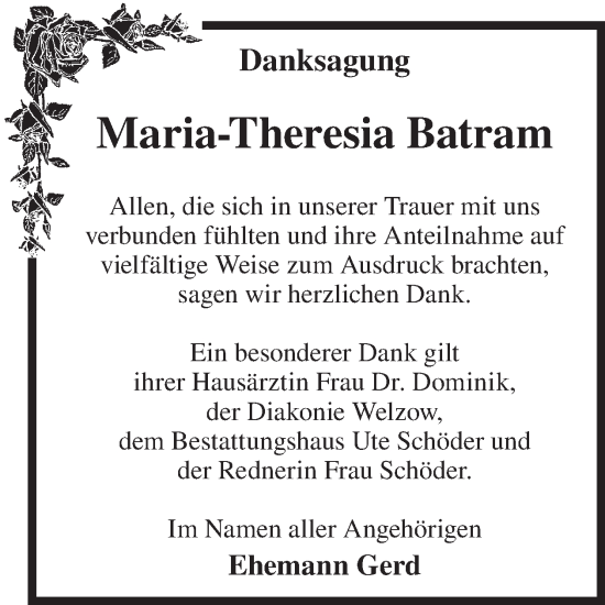Traueranzeige von Maria-Theresia Batram von WochenKurier