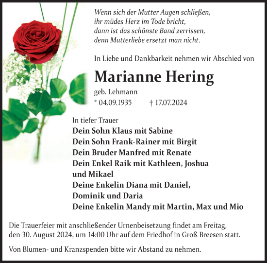 Traueranzeige von Marianne Hering von WochenKurier