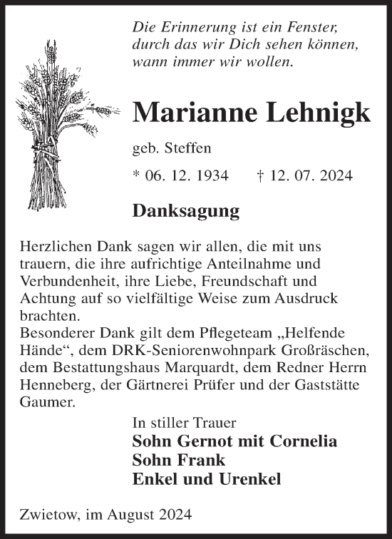 Traueranzeige von Marianne Lehnigk von WochenKurier