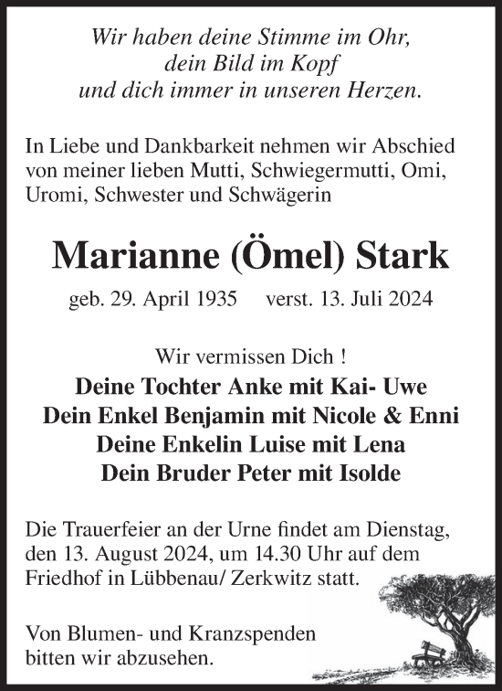 Traueranzeige von Marianne Stark von WochenKurier
