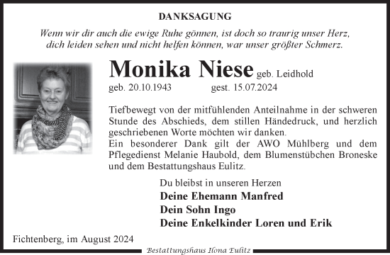 Traueranzeige von Monika Niese von WochenKurier