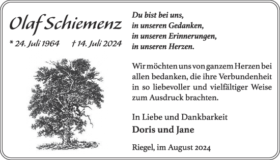 Traueranzeige von Olaf Schiemenz von WochenKurier