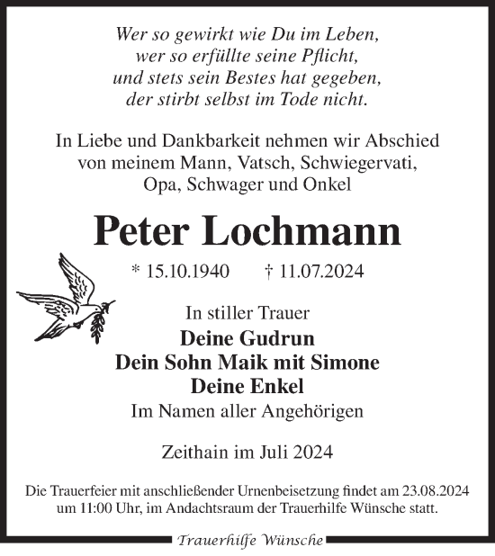 Traueranzeige von Peter Lochmann von WochenKurier