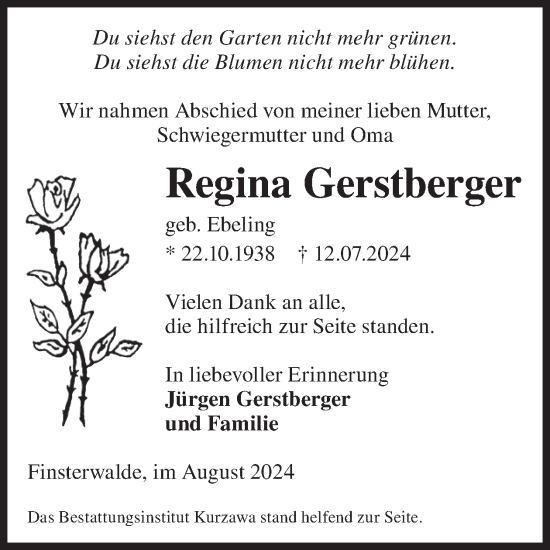 Traueranzeige von Regina Gerstberger von WochenKurier