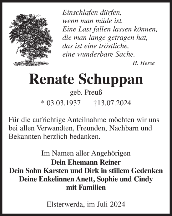Traueranzeige von Renate Schuppan von WochenKurier