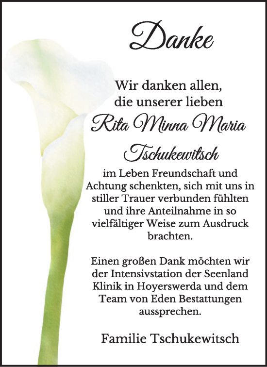 Traueranzeige von Rita Minna Maria Tschukewitsch von WochenKurier
