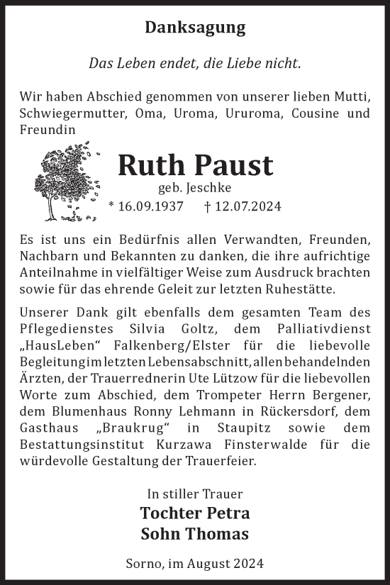 Traueranzeige von Ruth Paust von WochenKurier