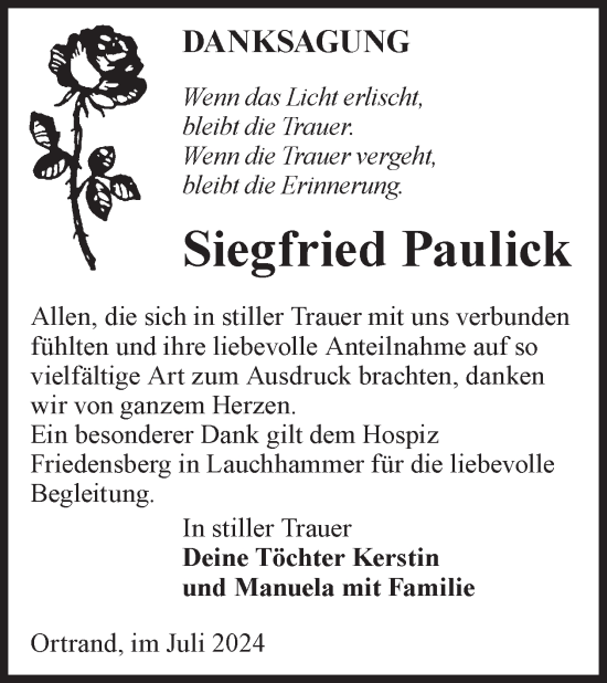 Traueranzeige von Siegfried Paulick von WochenKurier