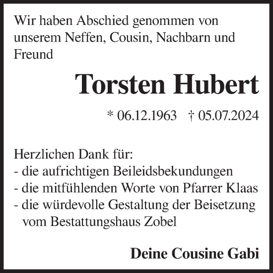 Traueranzeige von Torsten Hubert von WochenKurier
