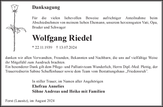 Traueranzeige von Wolfgang Riedel von WochenKurier