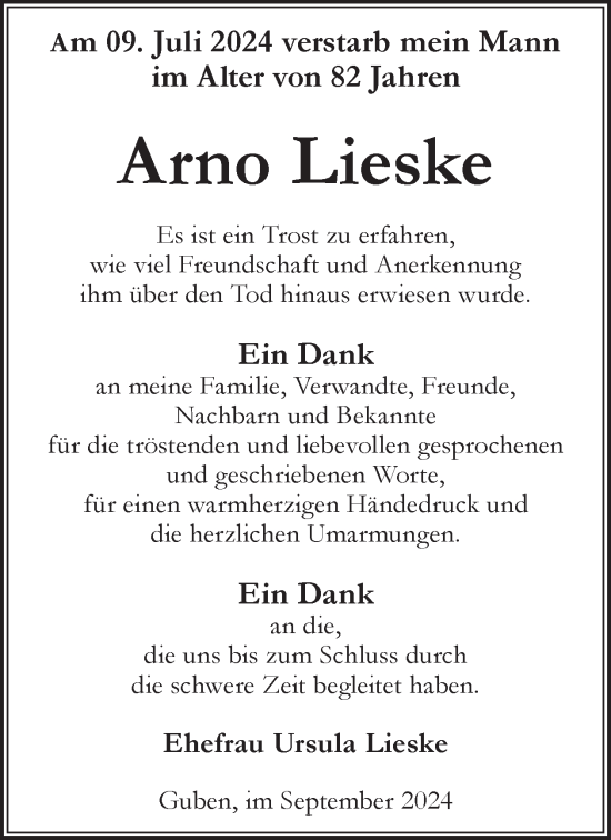 Traueranzeige von Arno Lieske von WochenKurier