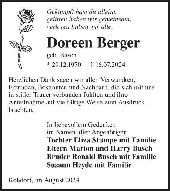 Traueranzeige von Doreen Berger von WochenKurier