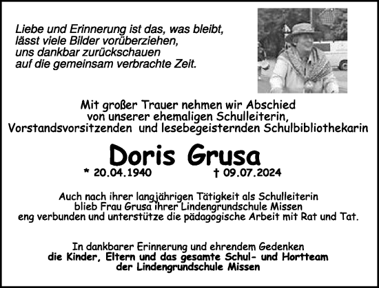 Traueranzeige von Doris Grusa von WochenKurier