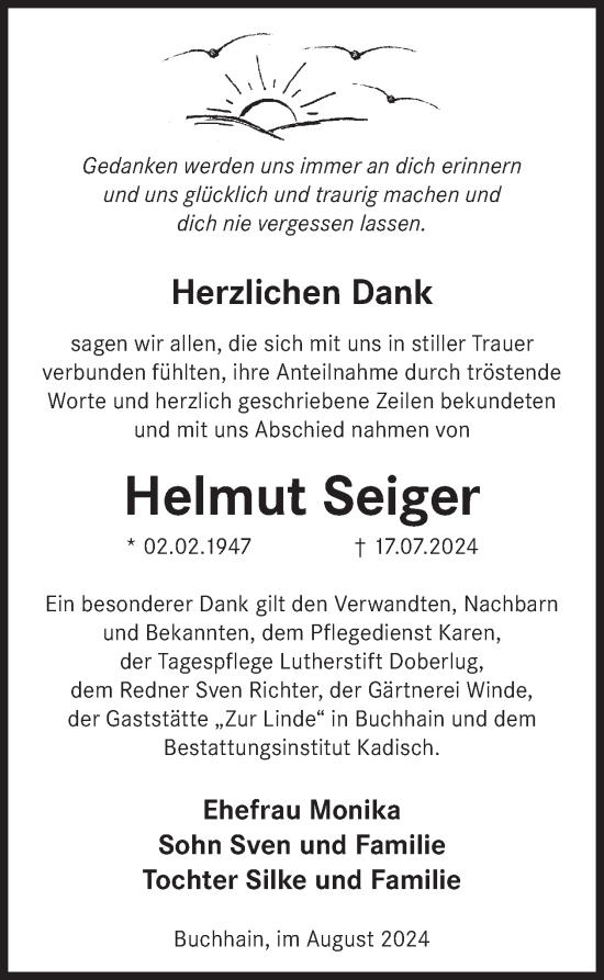 Traueranzeige von Helmut Seiger von WochenKurier