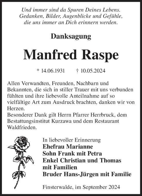 Traueranzeige von Manfred Raspe von WochenKurier