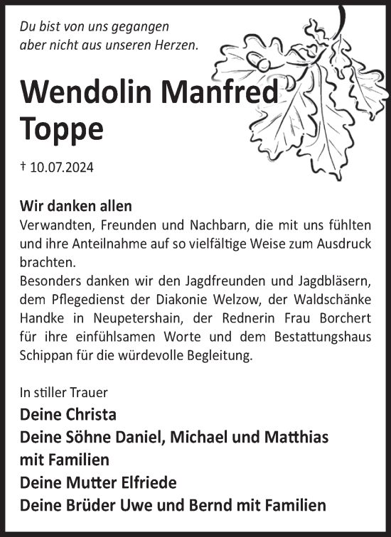 Traueranzeige von Wendolin Manfred Toppe von WochenKurier