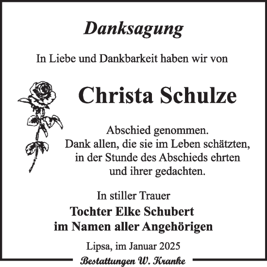 Traueranzeige von Christa Schulze von WochenKurier