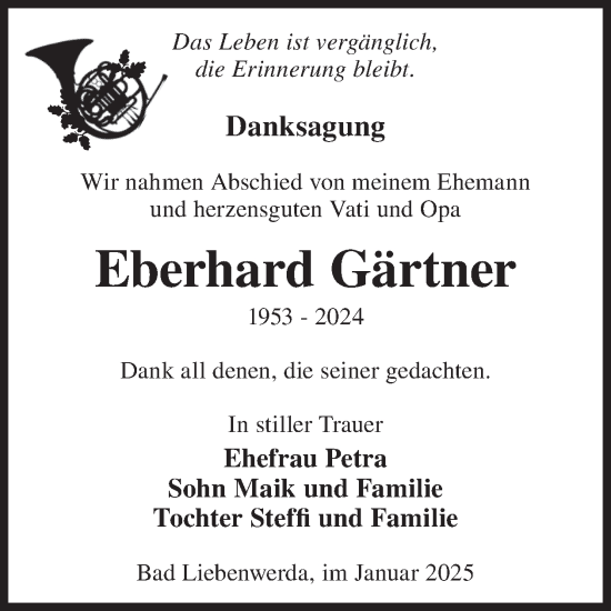 Traueranzeige von Eberhard Gärtner von WochenKurier