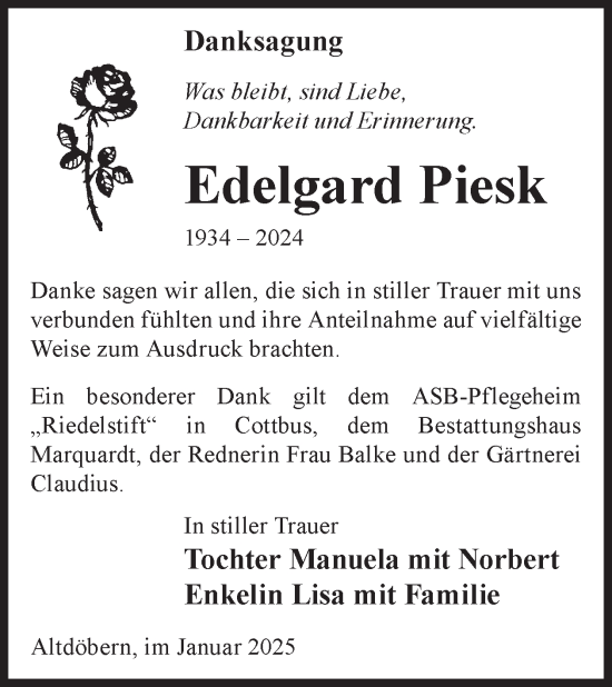 Traueranzeige von Edelgard Piesk von WochenKurier