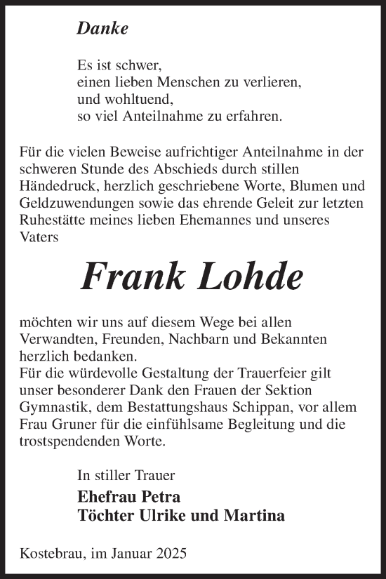 Traueranzeige von Frank Lohde von WochenKurier