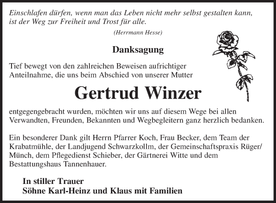 Traueranzeige von Gertrud Winzer von WochenKurier