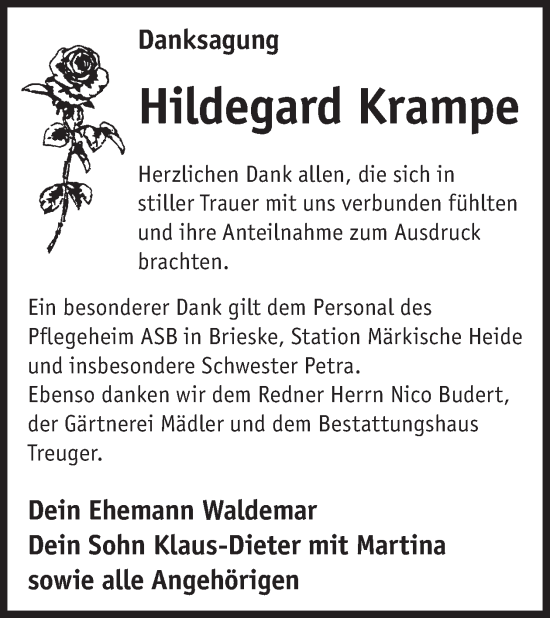 Traueranzeige von Hildegard Krampe von WochenKurier