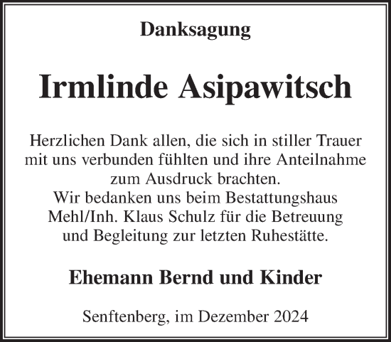 Traueranzeige von Irmlinde Asipawitsch von WochenKurier