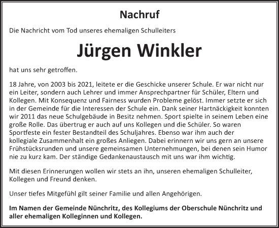 Traueranzeige von Jürgen Winkler von WochenKurier