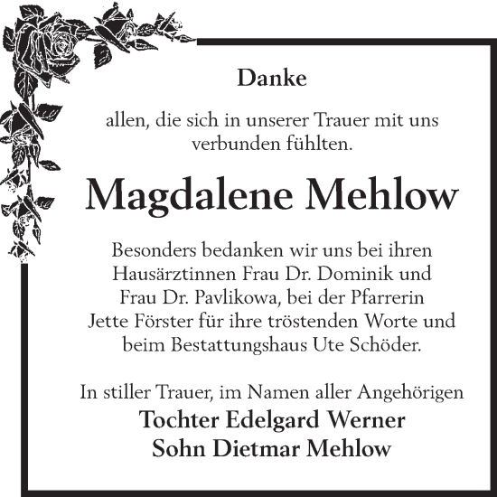 Traueranzeige von Magdalene Mehlow von WochenKurier