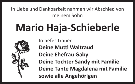 Traueranzeige von Mario Haja-Schieberle von WochenKurier