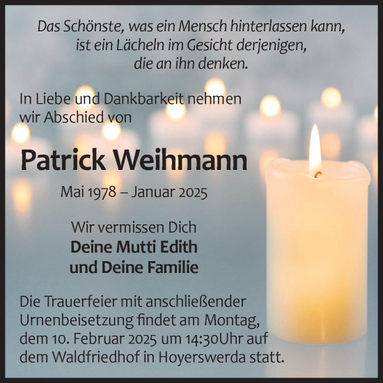 Traueranzeige von Patrick Weihmann von WochenKurier