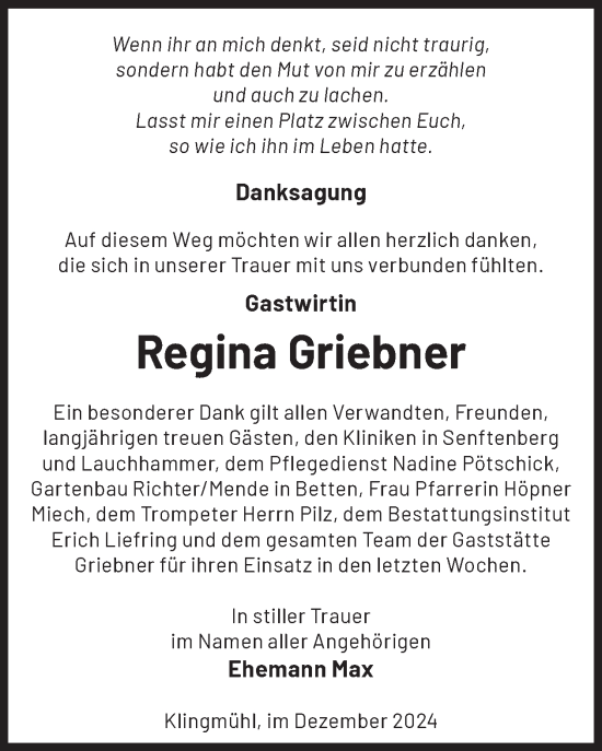 Traueranzeige von Regina Griebner von WochenKurier