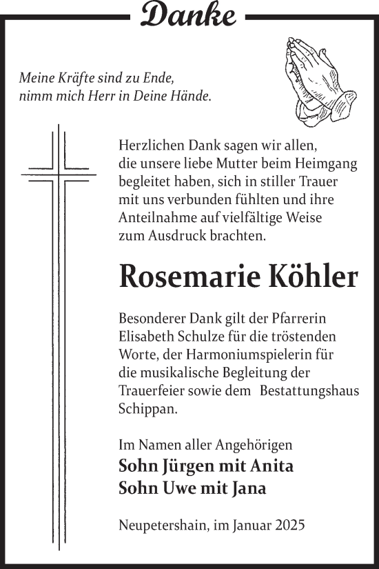 Traueranzeige von Rosemarie Köhler von WochenKurier