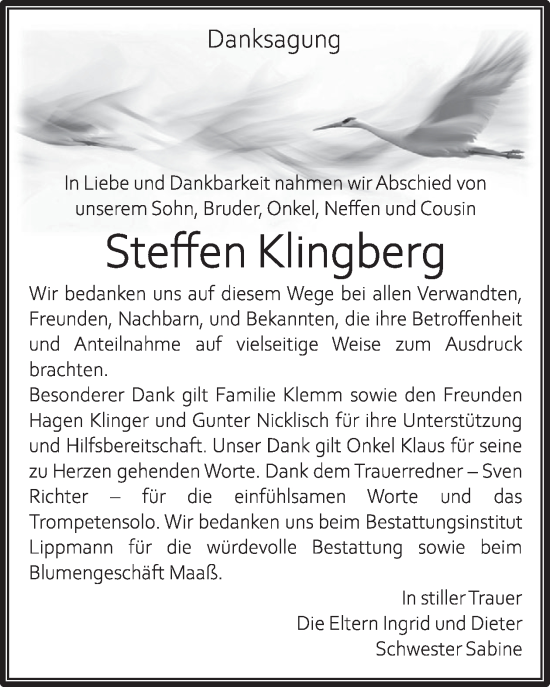 Traueranzeige von Steffen Klingberg von WochenKurier