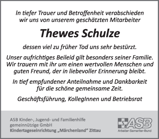 Traueranzeige von Thewes Schulze von WochenKurier