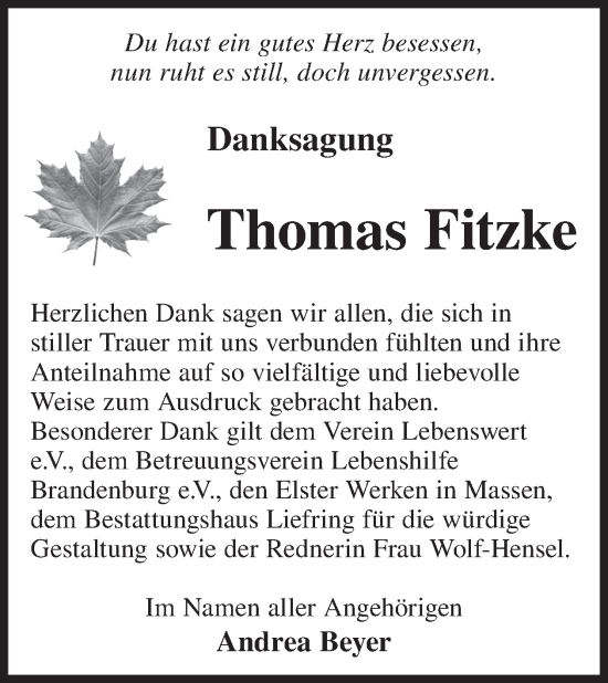 Traueranzeige von Thomas Fitzke von WochenKurier