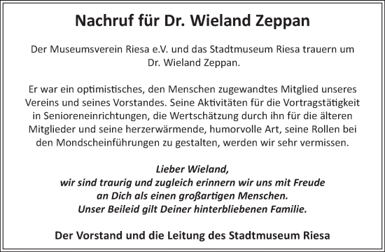 Traueranzeige von Wieland Zeppan von WochenKurier