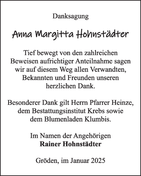 Traueranzeige von Anna Margitta Hohnstädter von WochenKurier