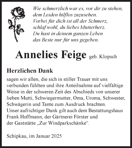 Traueranzeige von Annelies Feige von WochenKurier