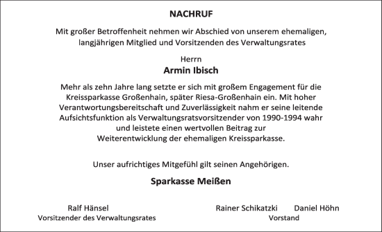 Traueranzeige von Armin Ibisch von WochenKurier