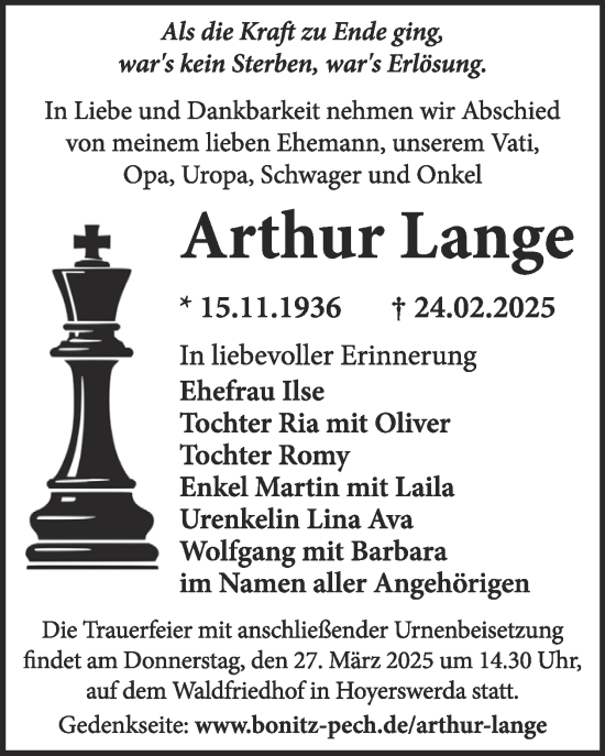 Traueranzeige von Arthur Lange von WochenKurier