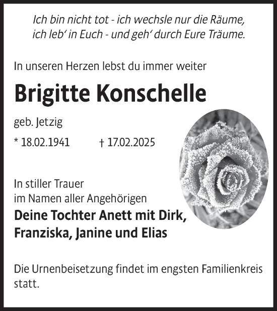 Traueranzeige von Brigitte Konschelle von WochenKurier