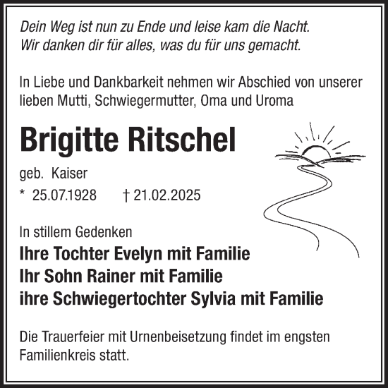 Traueranzeige von Brigitte Ritschel von WochenKurier