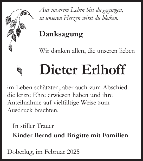 Traueranzeige von Dieter Erlhoff von WochenKurier